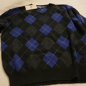 Polo Ralph Lauren lambs wool v-neck sweater size L. Blue,black, gray.